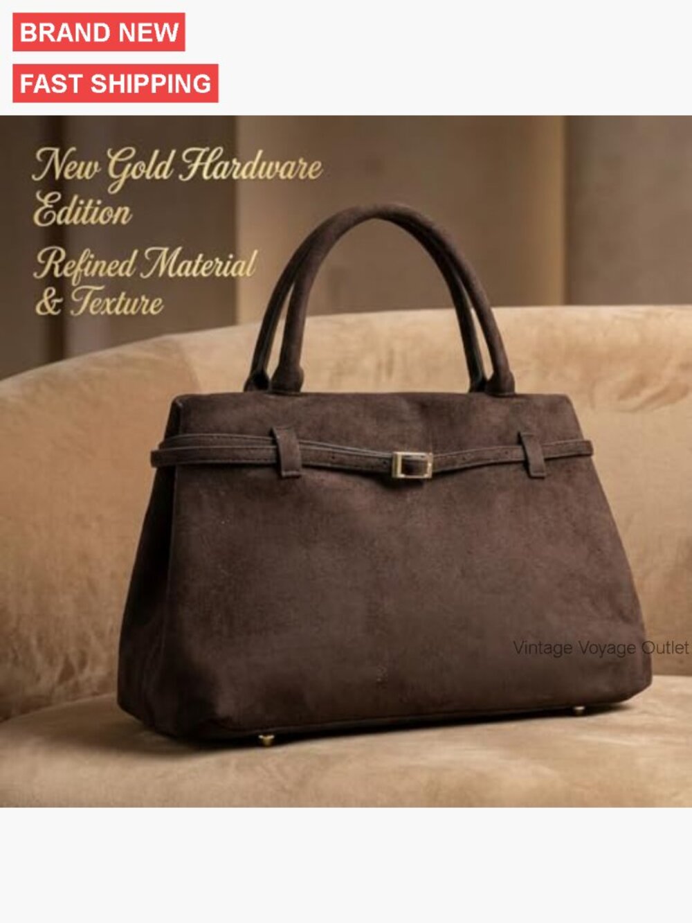 Large Vegan Suede Tote Bag with Gold Hardware Slouchy Hobo Satchel - Picture 5 of 7
